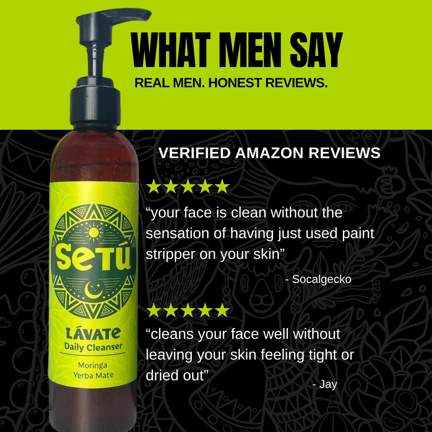 Setu Lávate Daily Cleanser bottle with customer reviews on a green and black background