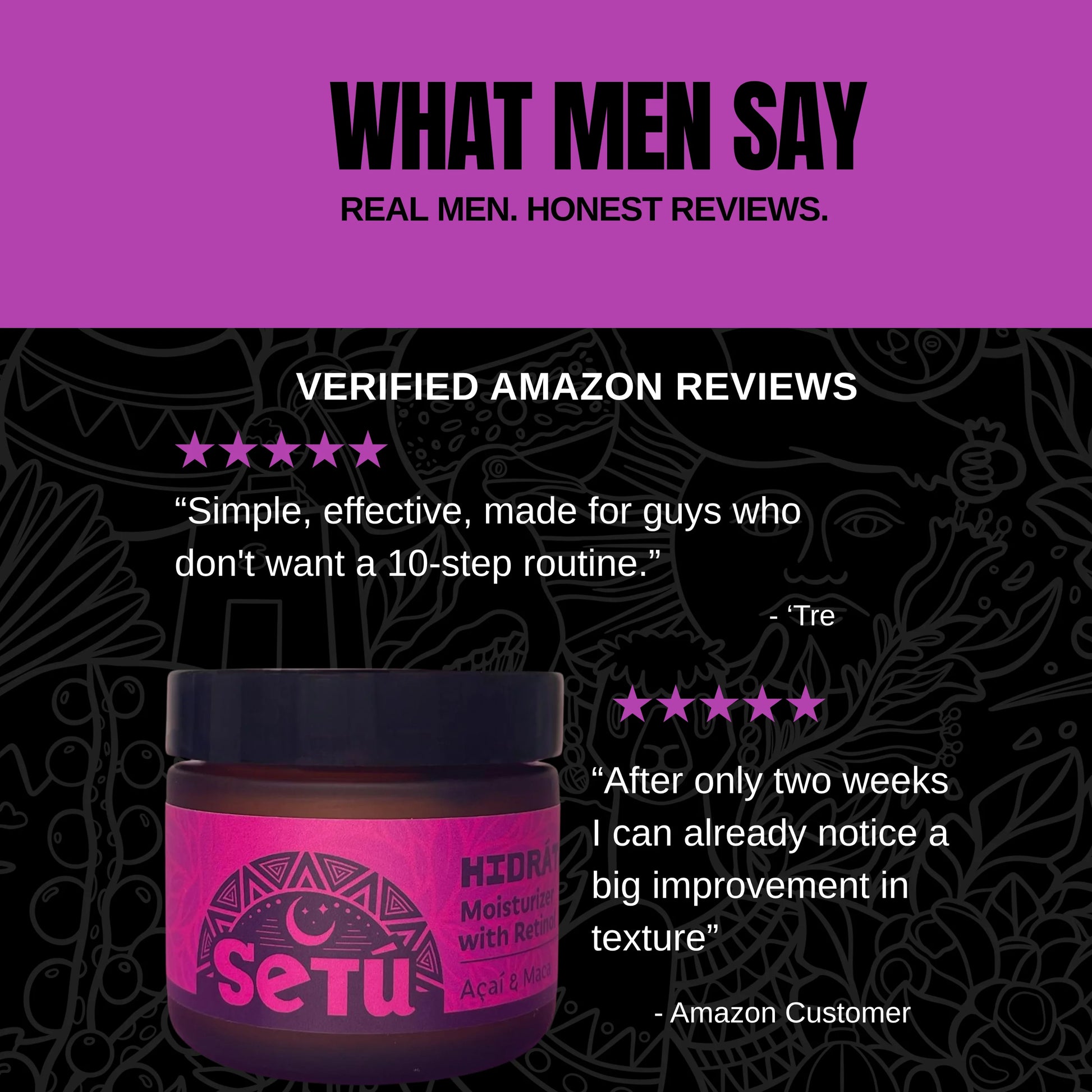setu moisturizer for men with retinol, acai, and maca  jar with customer reviews on a black and purple background