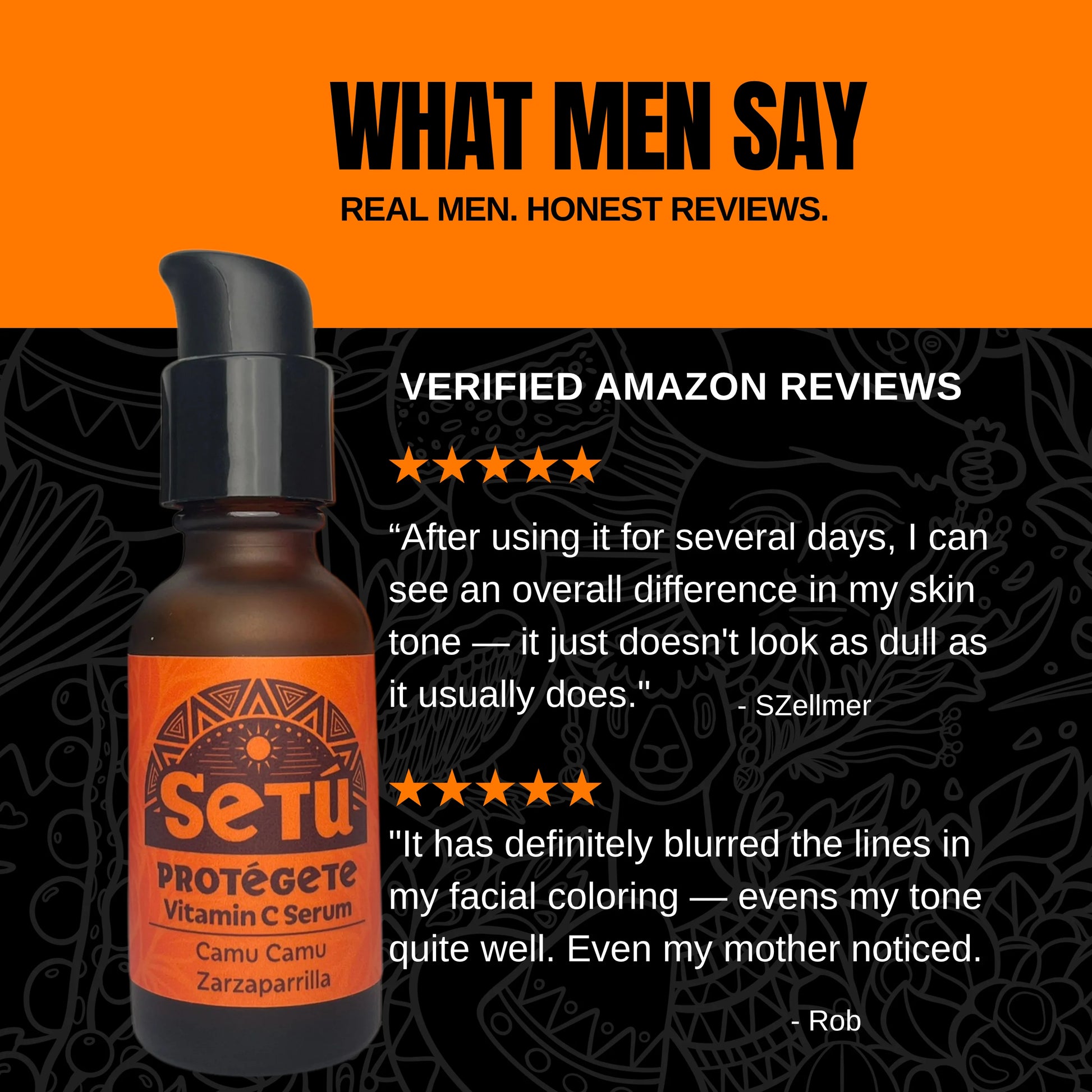 Setu Protégete Vitamin C Serum bottle with customer reviews on an orange and black background