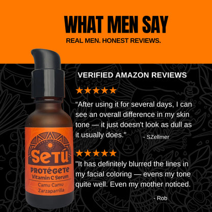 Setu Protégete Vitamin C Serum bottle with customer reviews on an orange and black background