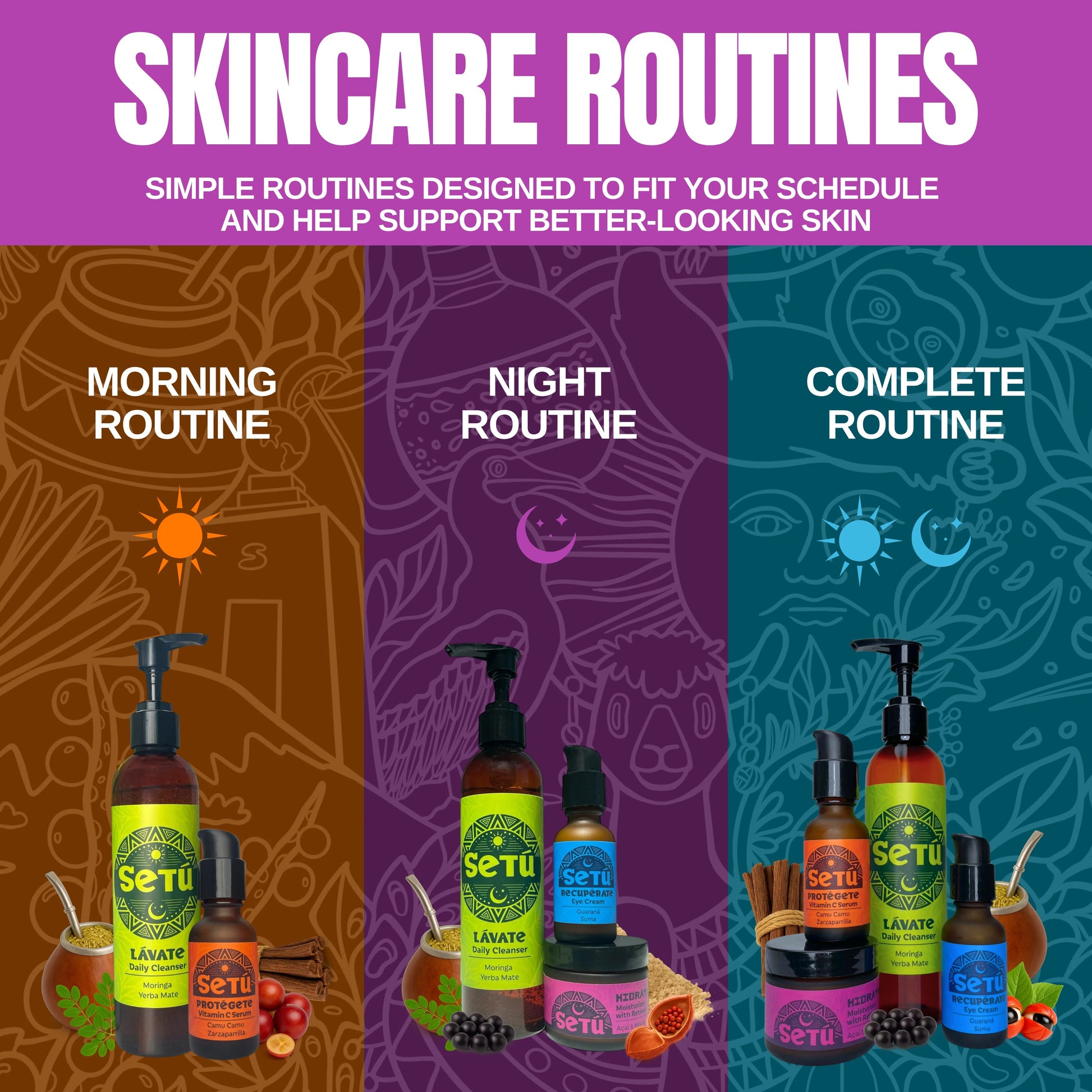 Setu skincare products with morning, night, and complete routines on a colorful background.