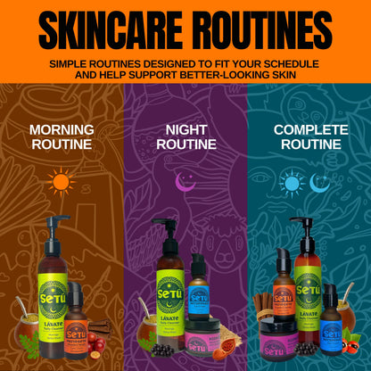 Setu Skincare routine guide with products on an orange, purple, and blue background.