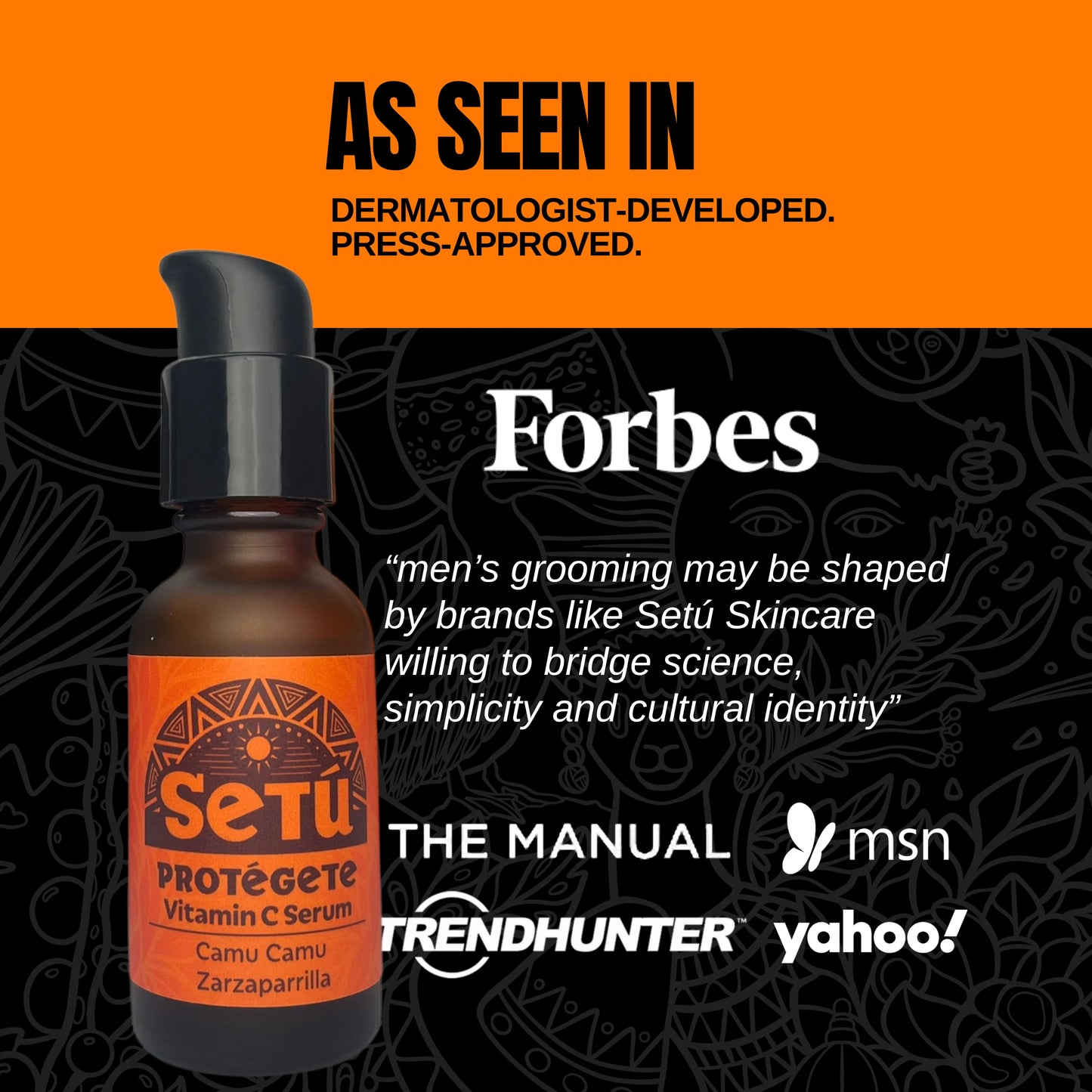 Setu skincare serum bottle with branding and accolades on an orange and black background