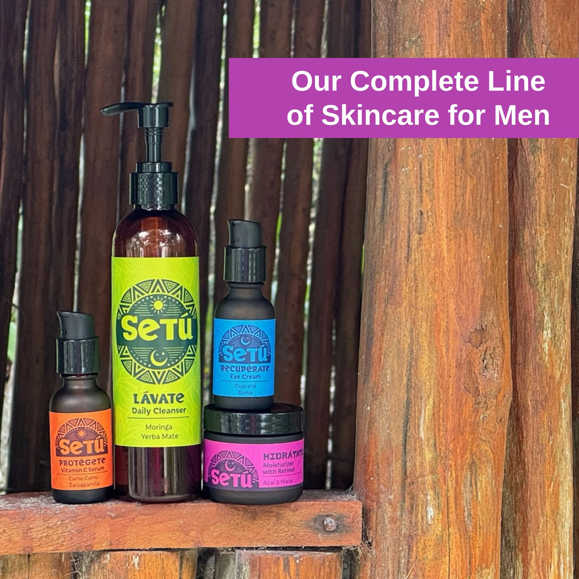 Setu skincare products for men displayed against a wooden background with text about their complete line.