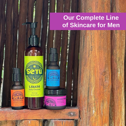 Setu skincare products for men displayed against a wooden background with text about their complete line.