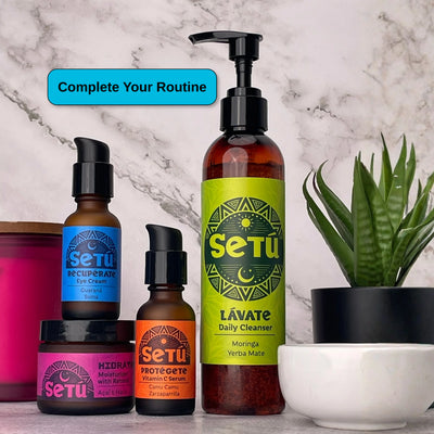 Setu skincare products on a marble surface with a plant in the background