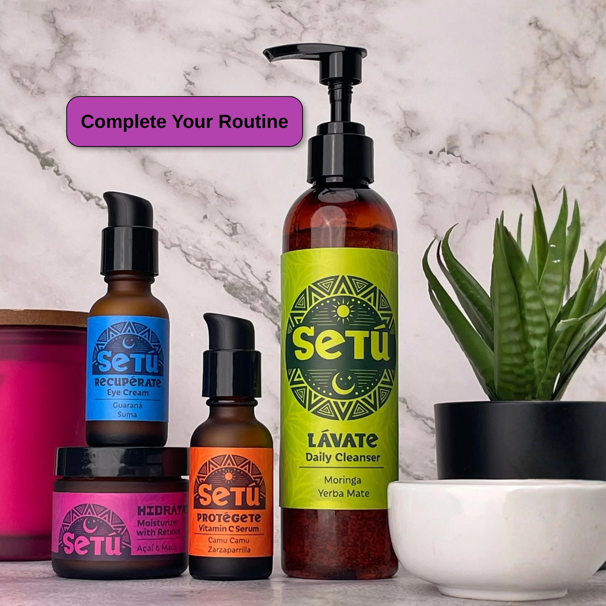 setu moisturizer for men with retinol, acai, and maca products on a marble surface with a plant in the background