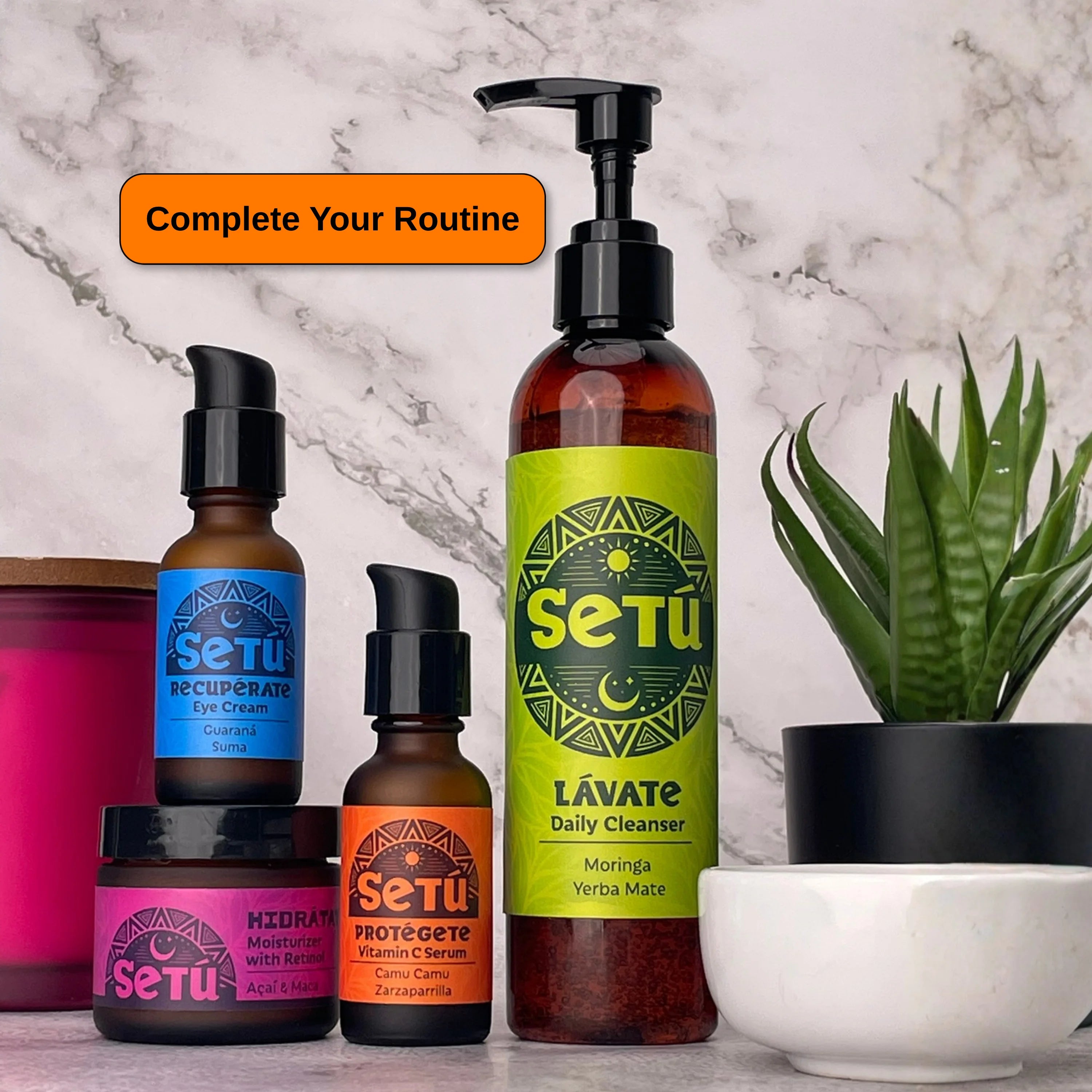 Setu skincare products for men on a marble surface with a plant in the background