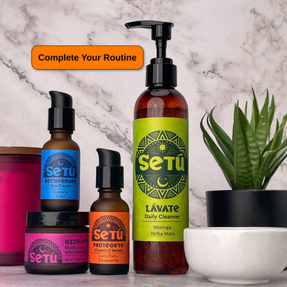 Setu skincare products for men on a marble surface with a plant in the background