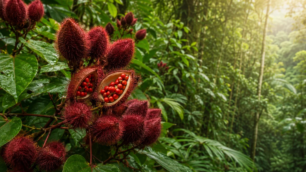 Close-up of red achiote or annatto on a leafy plant, with one pod open to reveal bright red seeds, set against a lush green forest background.