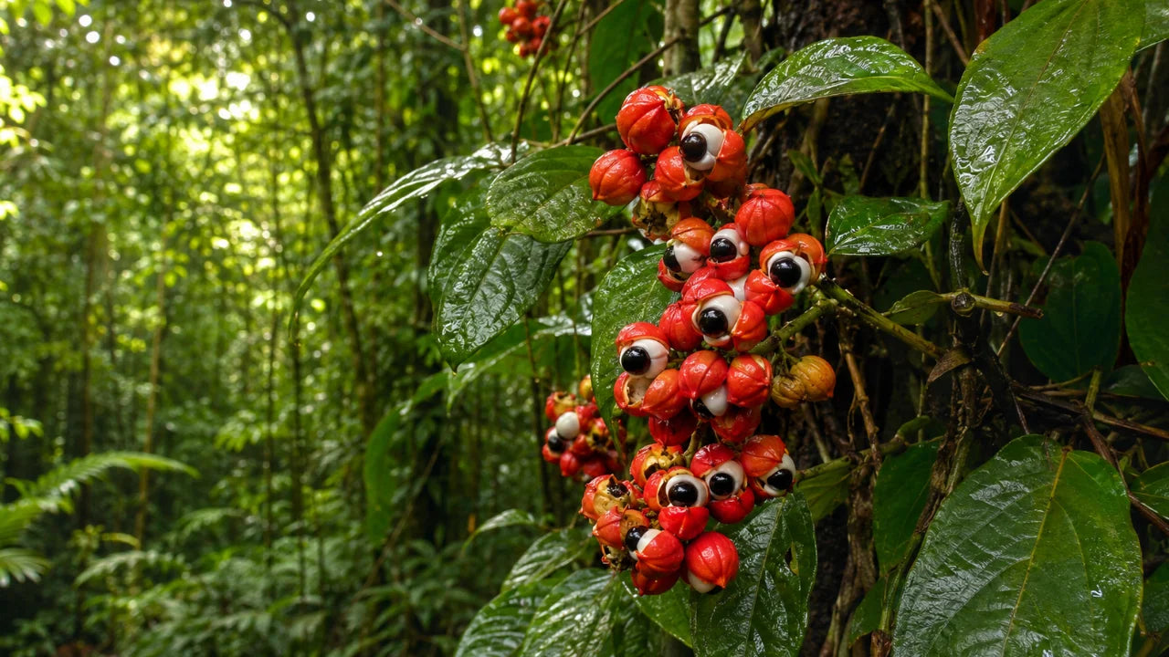 A cluster of bright red guarana berries with large black-and-white eyes hanging from a leafy green vine in a lush forest.
