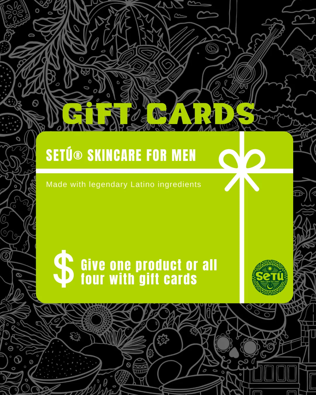 Gift card design for Setu Skincare for Men on a black background with white illustrations.