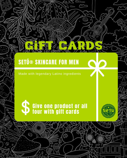 Gift card design for Setu Skincare for Men on a black background with white illustrations.