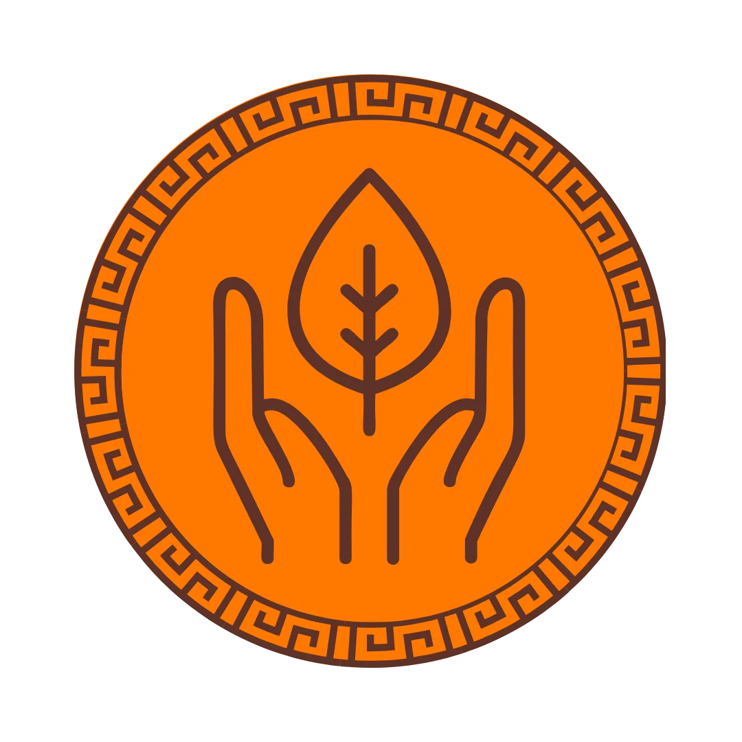 An orange circular icon featuring a key border and a central symbol of two hands holding a leaf, rendered in dark brown line art on a solid orange background.