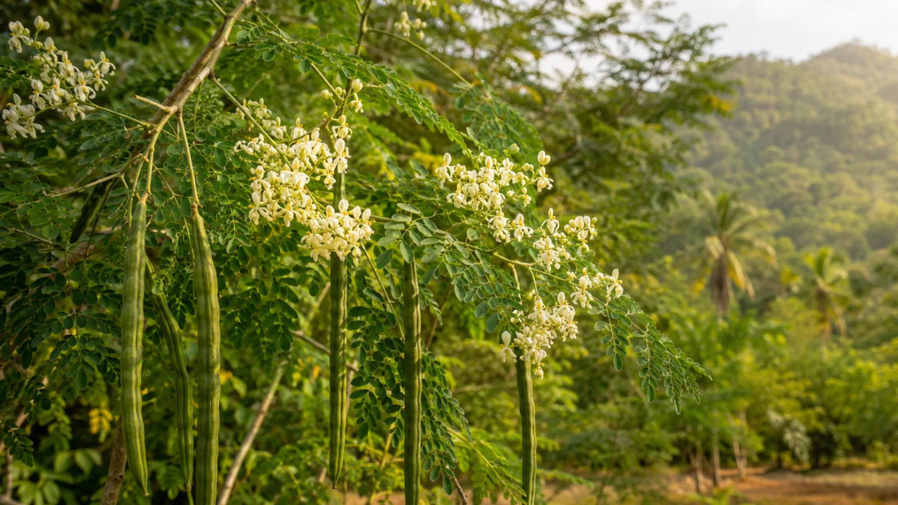 A close-up of a moringa plant with clusters of small white flowers and long green pods, set against a blurred natural background of trees and hills.