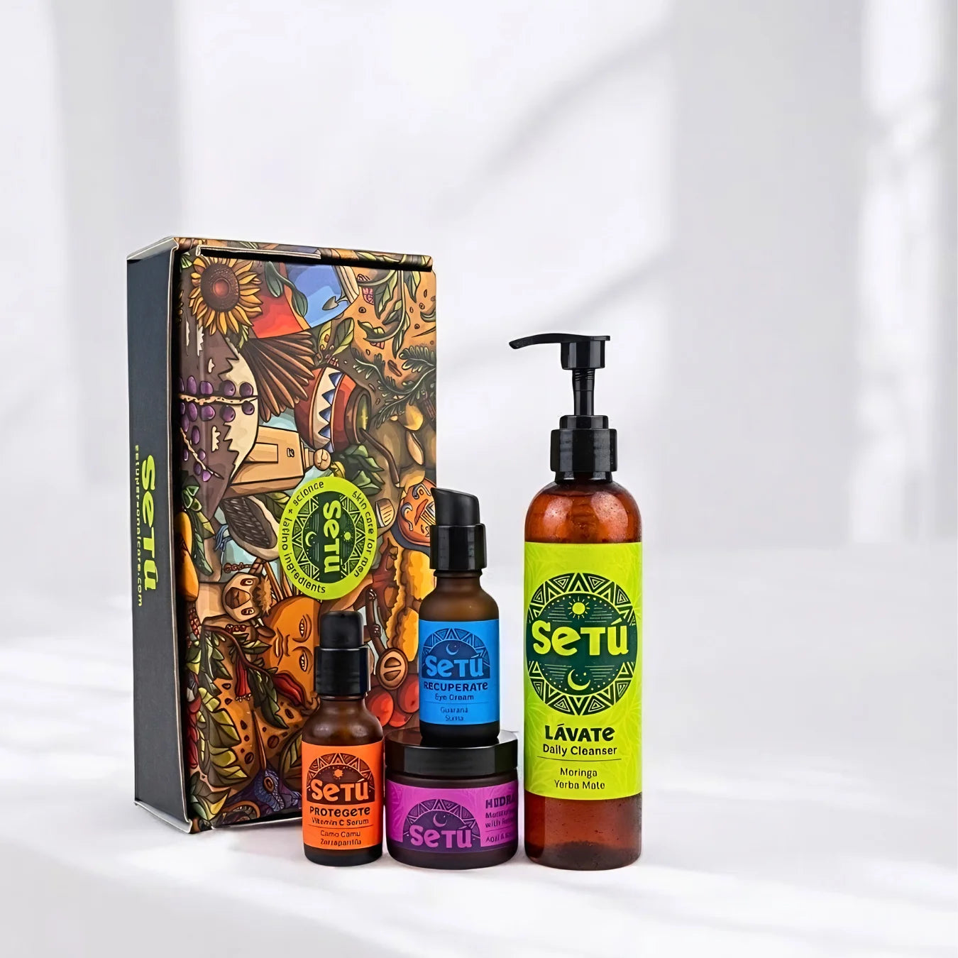 Men's skincare routine gift set box with pump cleanser, bottles, and eye cream jar