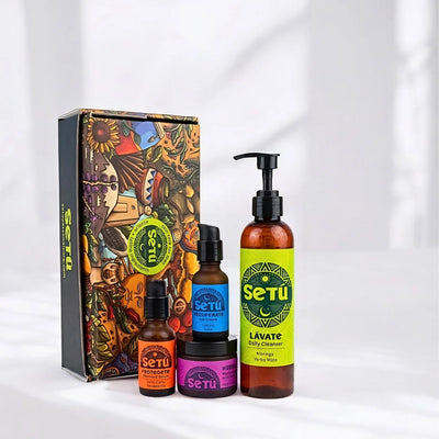 Men's skincare routine gift set box with pump cleanser, bottles, and eye cream jar