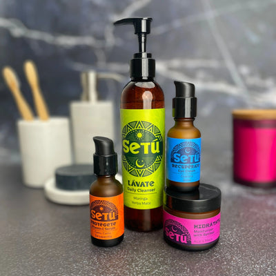 Setú skincare set with cleanser, serum, eye cream, and moisturizer