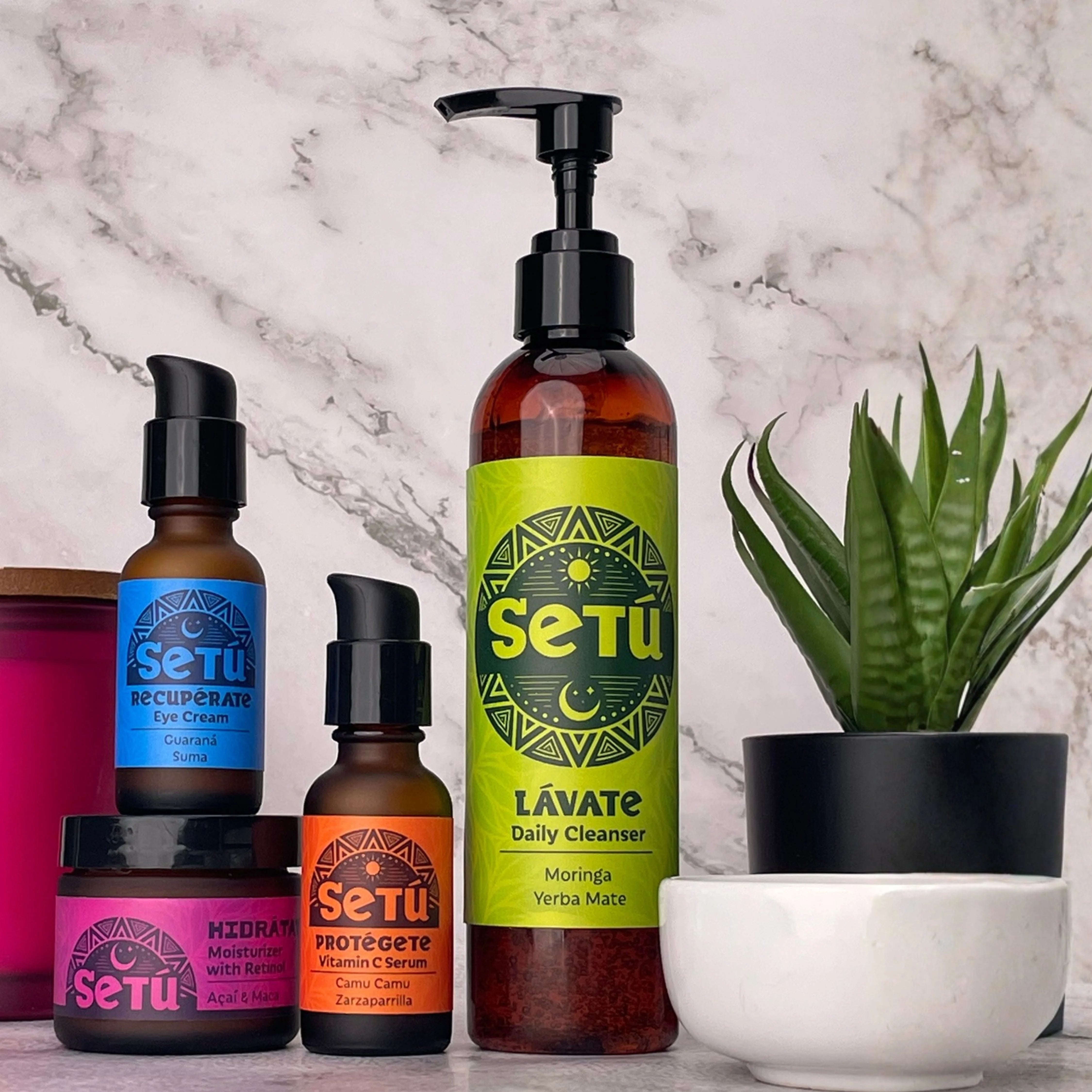 Skincare routine set with cleanser, eye cream, vitamin C serum, and moisturizer