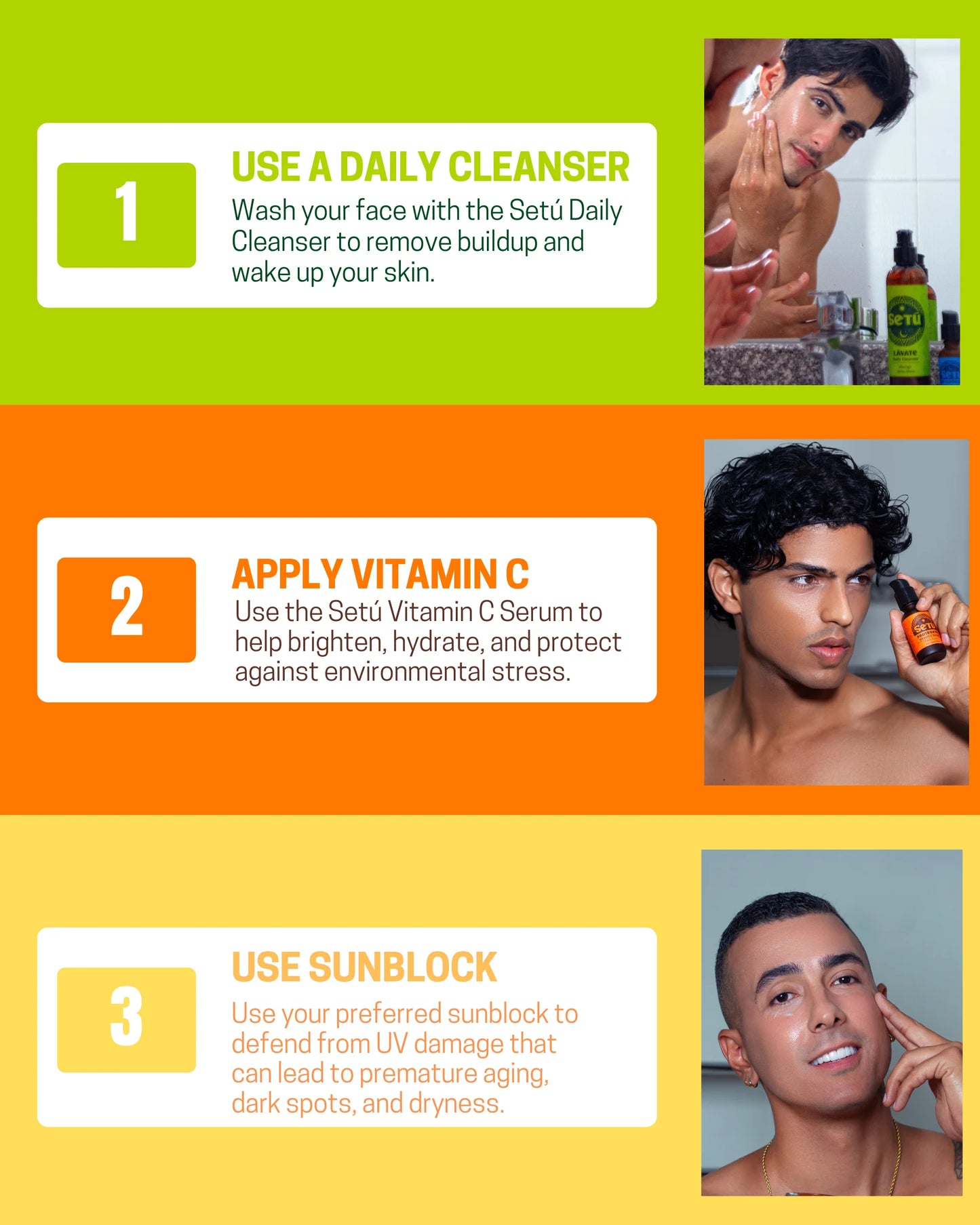 Skincare morning routine for men, a guide with steps and images of a man applying products of a face wash and cleanser, vitamin c, and a sunblock for spf protection