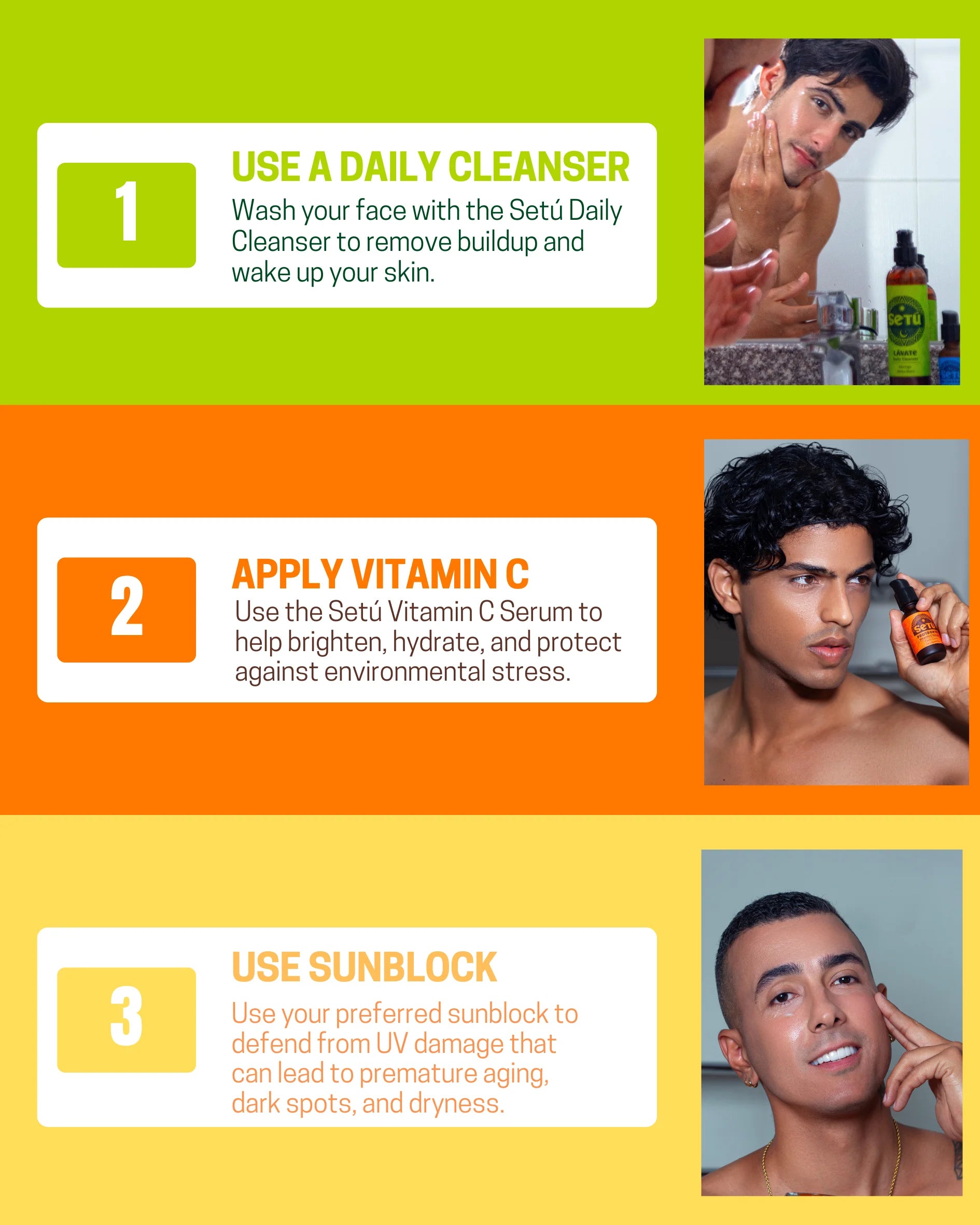 Skincare morning routine for men, a guide with steps and images of a man applying products of a face wash and cleanser, vitamin c, and a sunblock for spf protection