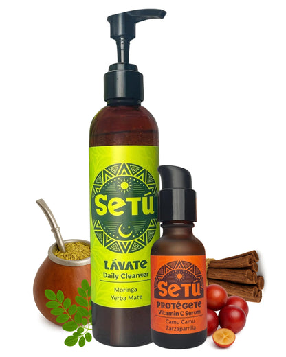 Two bottles of Setu skincare for men, a daily cleanser, and a vitamin c serum with natural ingredients