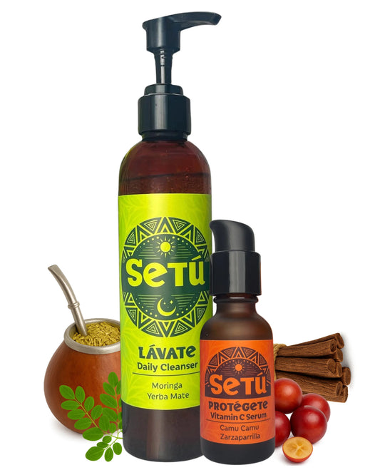 Two bottles of Setu skincare for men, a daily cleanser, and a vitamin c serum with natural ingredients