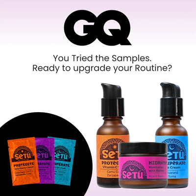GQ promotional graphic for Setu skincare, showing three amber pump bottles and one small jar with colorful labels, plus three sachets in orange, purple, and blue inside a black circle. Text reads, 'You Tried the Samples.