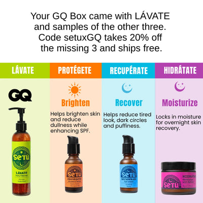 Promotional graphic for a GQ box set containing Lávate and samples of ProtégeTe, Recupérate, and Hidráte from Setú. The graphic features four columns with pastel backgrounds, product descriptions, and corresponding product images: an amber pump bottle of Lávate, a dropper bottle of ProtégeTe Concentrate, a dropper bottle of Recupérate, and a jar of Hidráte.