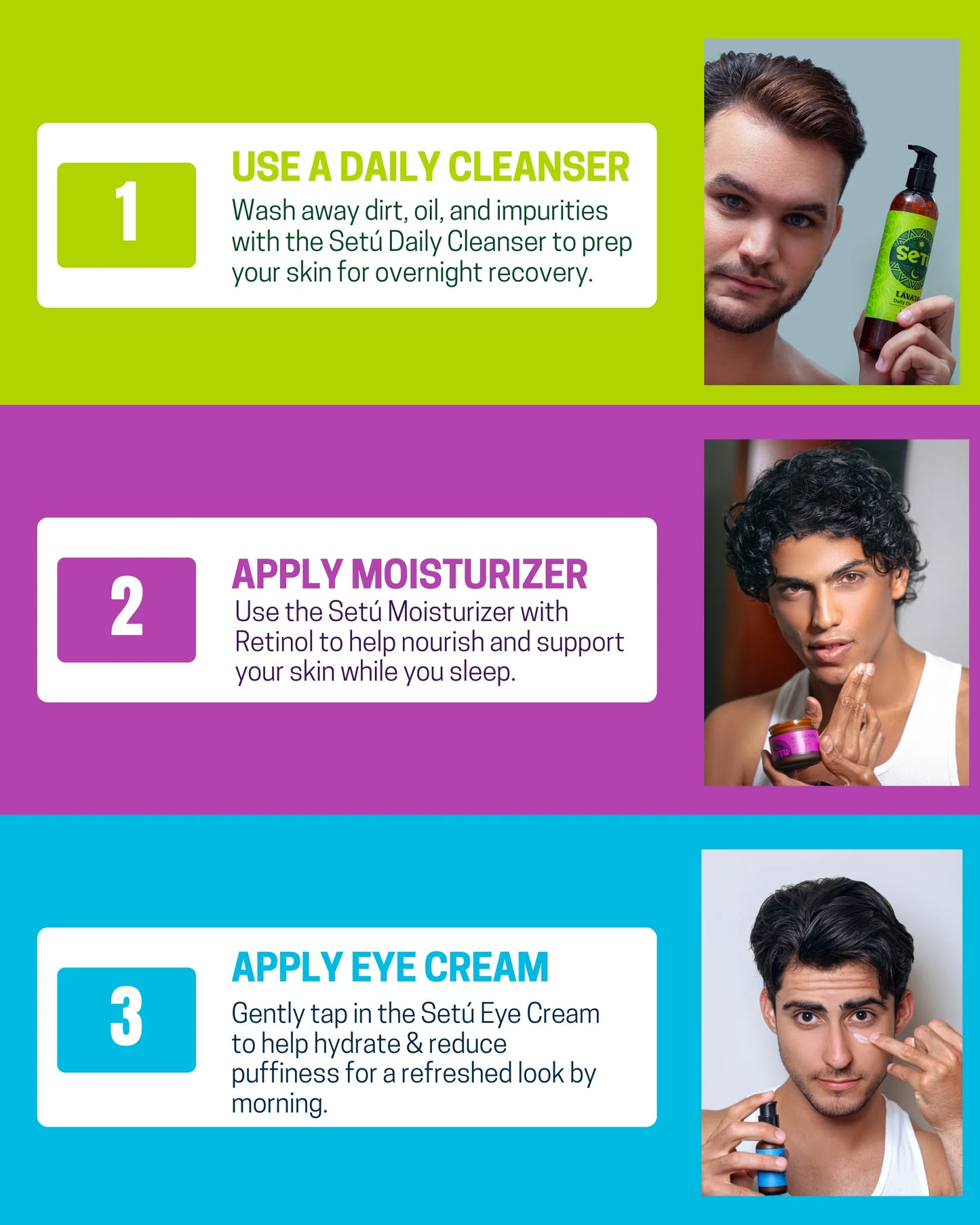 Step-by-step skincare routine for Men that works at night with washing your face, applying a moisturizer, and then applying an eye cream