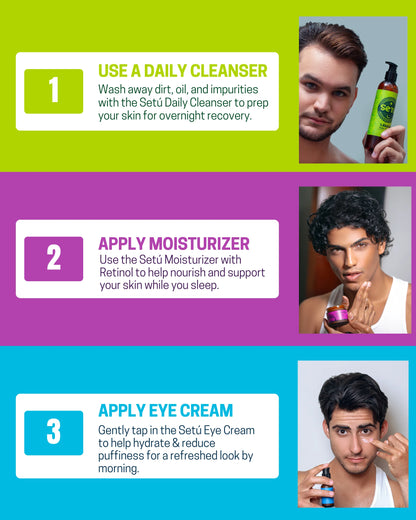 Step-by-step skincare routine for Men that works at night with washing your face, applying a moisturizer, and then applying an eye cream