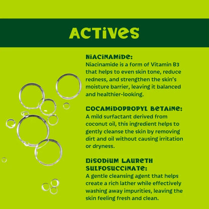 Product label with 'ACTIVES' on a green background, featuring text about niacinamide, cocamidopropyl betaine, and disodium laureth sulfosuccinate.