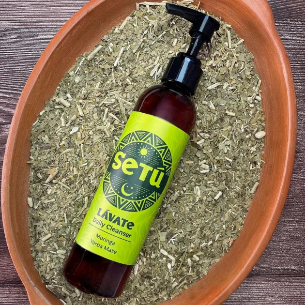 Setu Lavate daily cleanser bottle with green label in a terracotta pot filled with dried herbs.