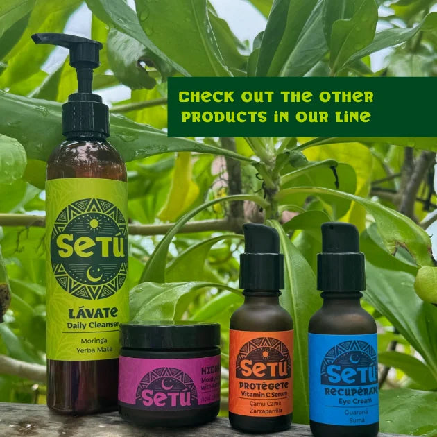 Setu skincare products with green leaves in the background