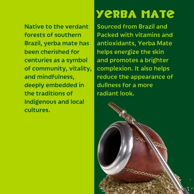 Yerba Mate with text about its origin, benefits, and cultural significance on a green background.