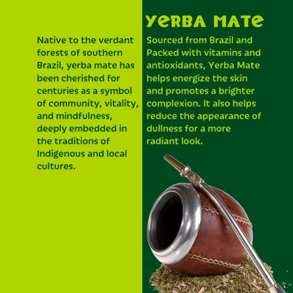 Yerba Mate with text about its origin, benefits, and cultural significance on a green background.