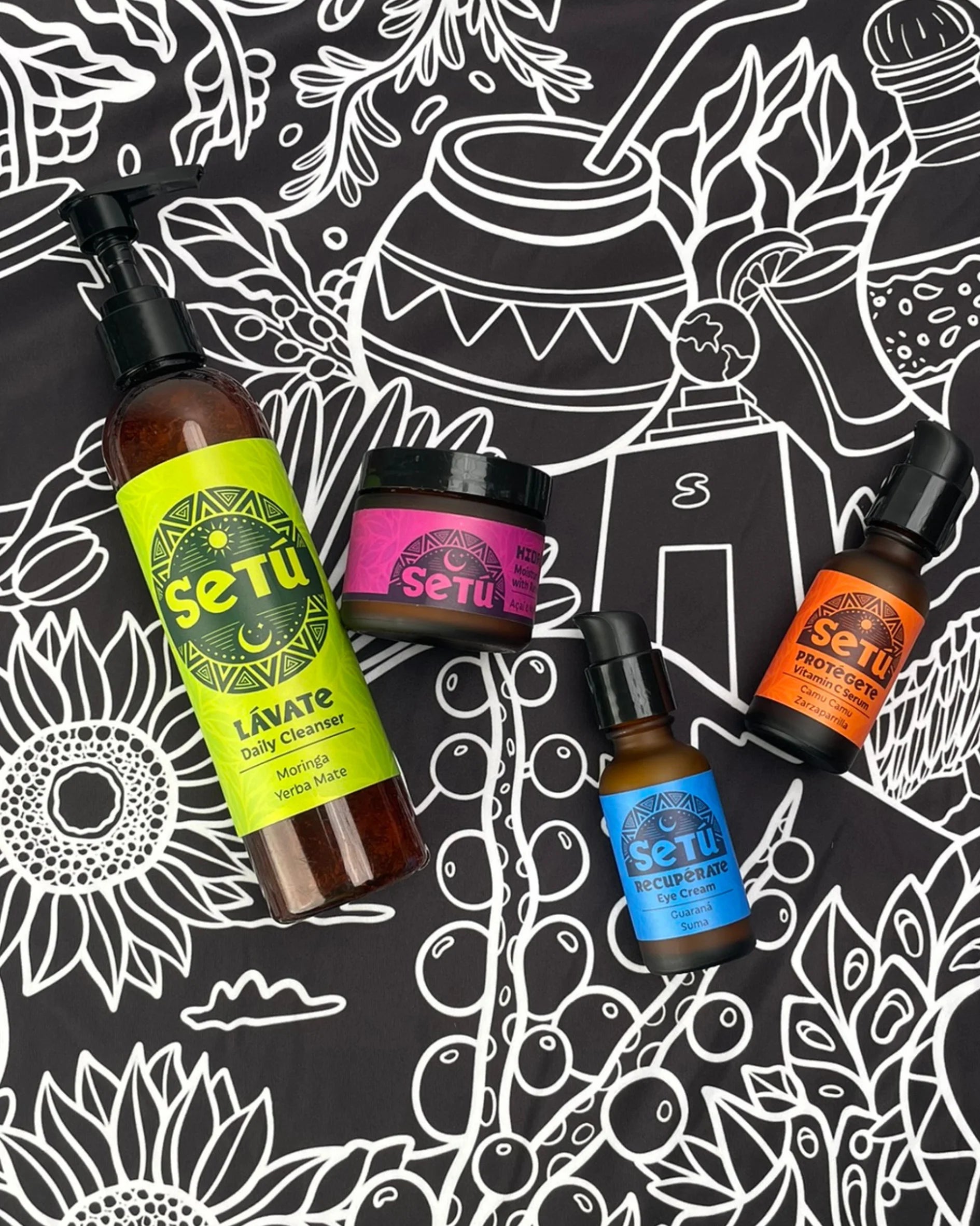 Setu skincare products on a black and white patterned background