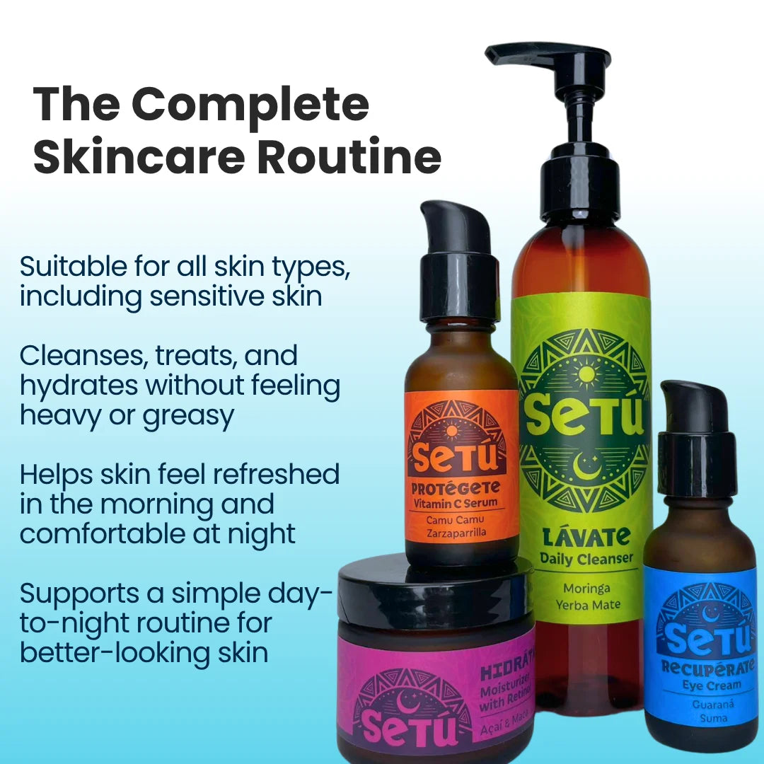 Skincare routine set with three Setu bottles and a moisturizing jar
