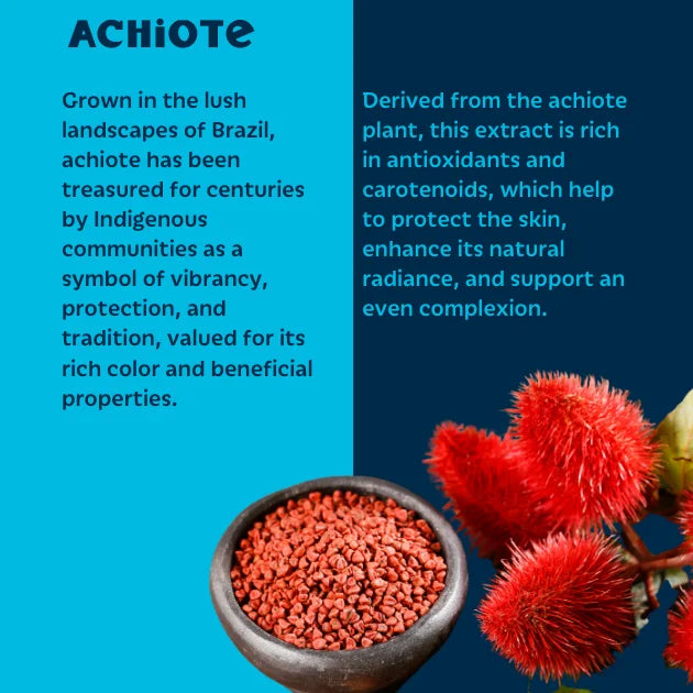 Achioté seeds in a bowl with red achioté plant on a blue background