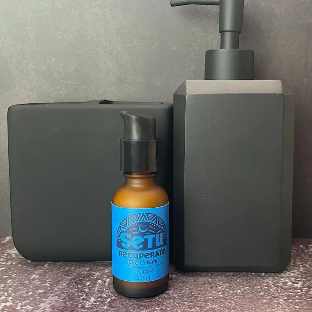 Setu eye cream bottle with pump dispenser on a neutral background