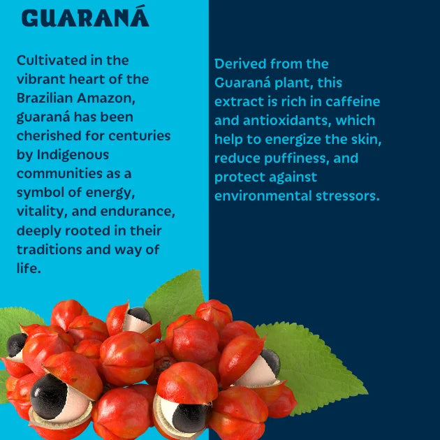 Guaraná extract with text about its cultivation and benefits on a blue and dark blue background. Setu