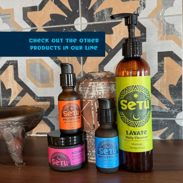 Setu skincare products on a wooden surface with decorative background