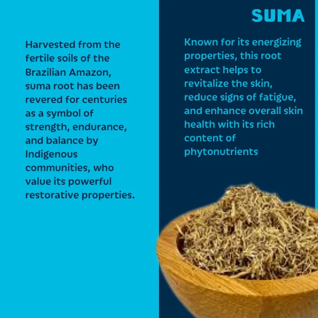 Suma root in a wooden bowl with text about its properties on a blue background