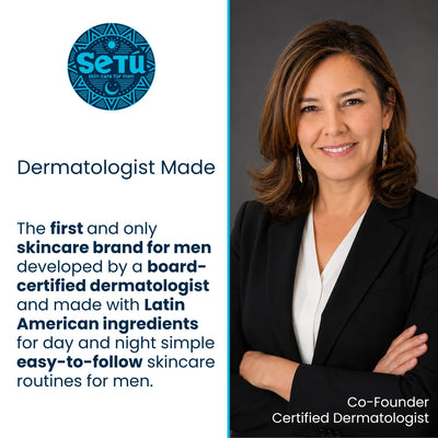 Promotional graphic for Setú skincare featuring a portrait of a smiling woman on the right and text on the left that reads 'Dermatologist Made' and describes the brand as a skincare brand for men developed by a board-certified dermatologist. The Setú logo appears at the top left.