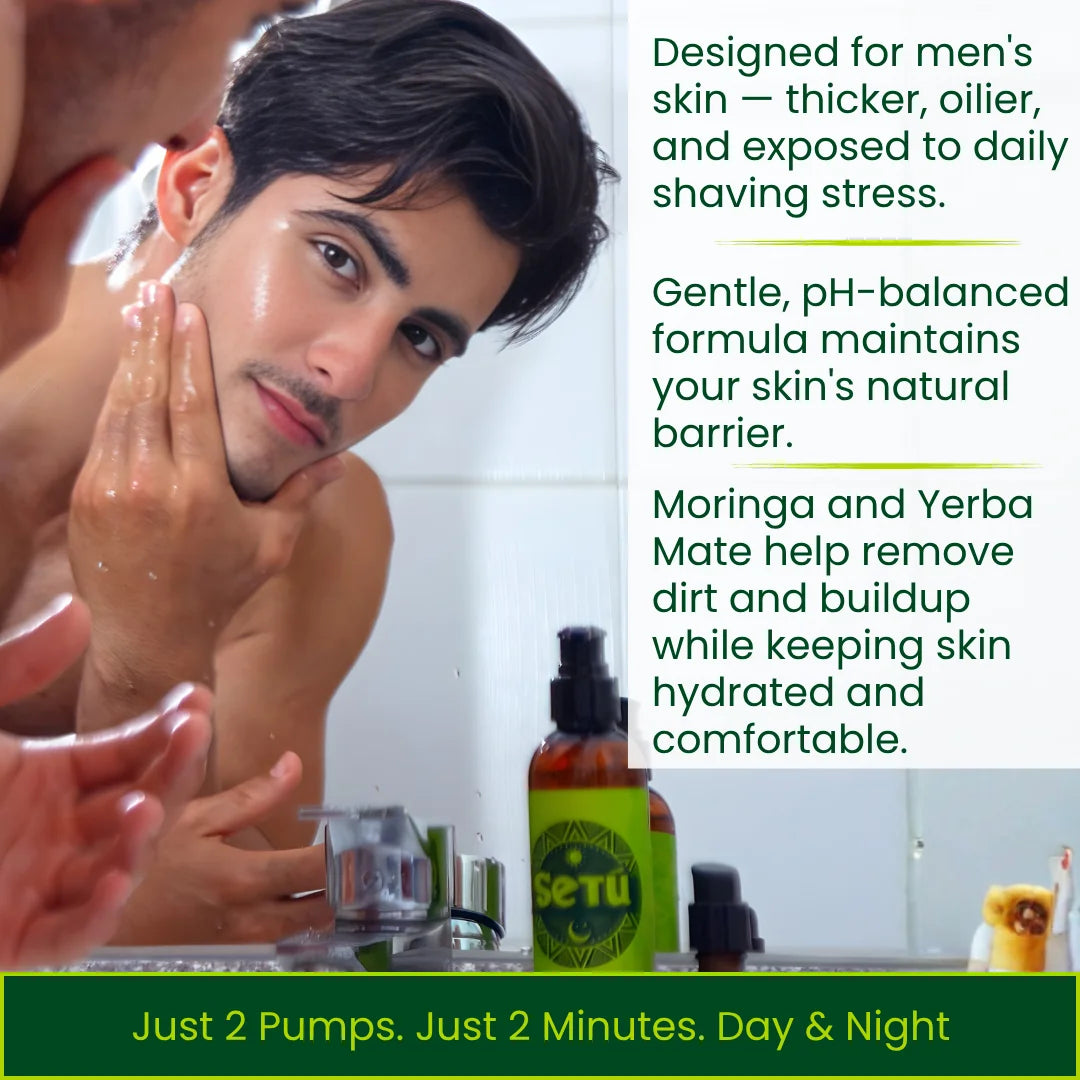 A man looks into a mirror while applying or washing his face, with a bottle of SETU on the counter in the foreground. The right side has a text panel describing the product as a men's skin formula, and a green banner at the bottom reads 'Just 2 Pumps.