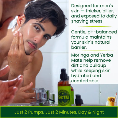 A man looks into a mirror while applying or washing his face, with a bottle of SETU on the counter in the foreground. The right side has a text panel describing the product as a men's skin formula, and a green banner at the bottom reads 'Just 2 Pumps.