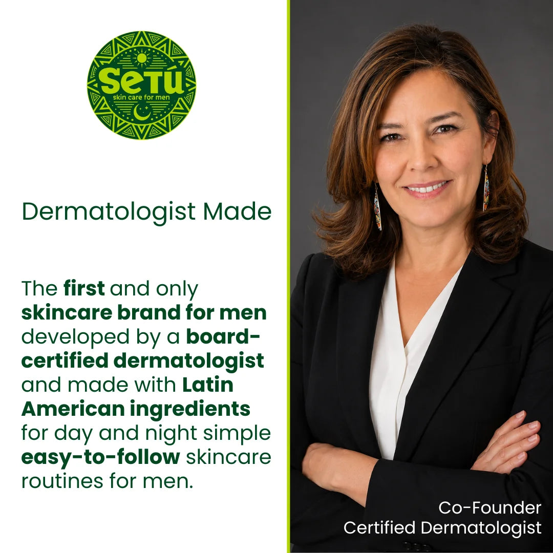 Promotional graphic for Setu Skincare featuring a portrait of a smiling woman on the right and text on the left that reads 'Dermatologist Made' and describes the brand as skincare for men developed by a board-certified dermatologist. The Setu logo appears at the top left, with a green vertical divider line between the white and dark gray sections.