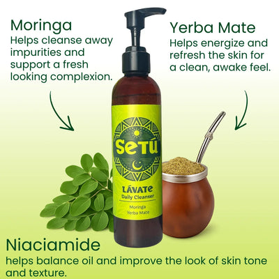 Setu Lavate Daily Cleanser bottle in a brown amber bottle with a bright green label, shown with moringa leaves and yerba mate on a light green gradient background with descriptive text.