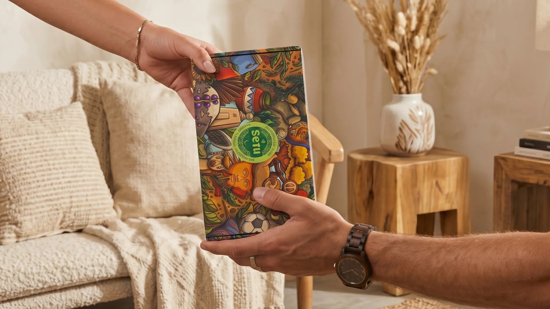 Person holding a colorful box of etu skincare gift set for men in a cozy living room.