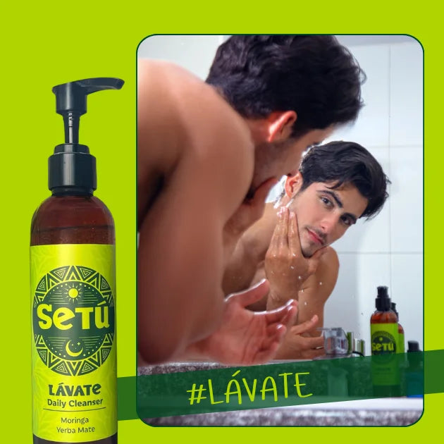 Setu daily cleanser bottle with a man washing his hands in the background on a green background